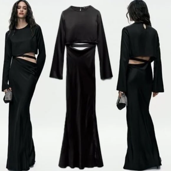 NWT Zara Black Satin Effect Cutout Waist Strap Maxi Dress, Size M - Picture 4 of 17